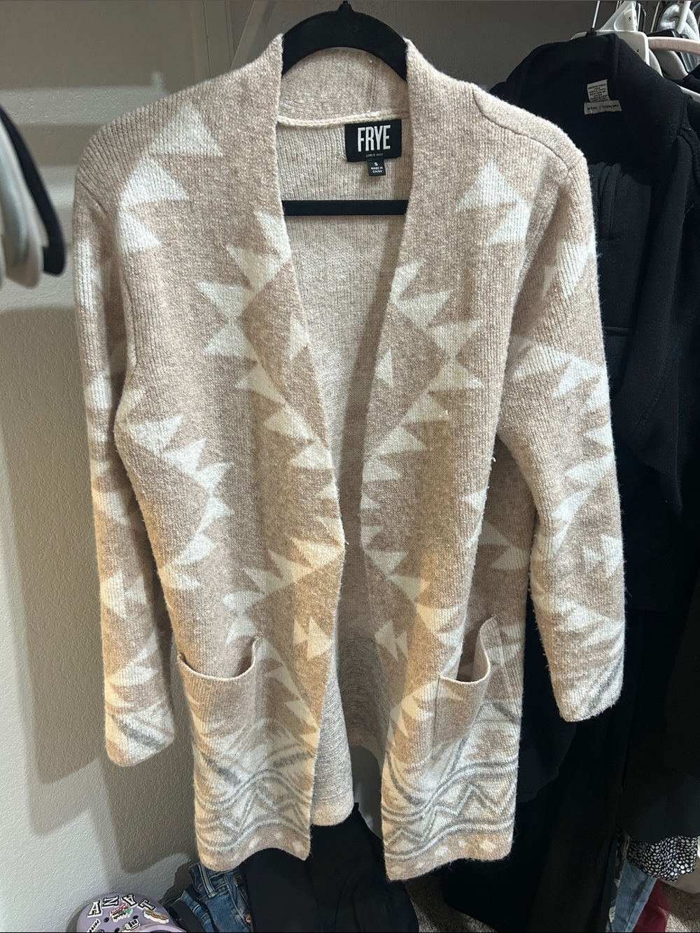 FRYE Cream and White Aztec Open Cardigan